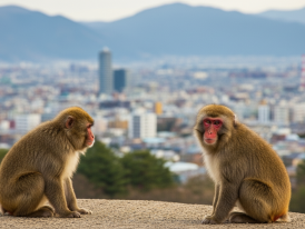 Japanese macaques perched on hillside with sweeping view of Kyoto skyline in the distance