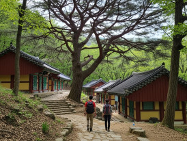Shaded forest path weaving past wooden temple structures beneath towering old trees