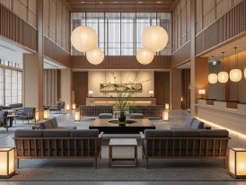 Spacious lobby with minimalist furniture, soft lighting, and Japanese-inspired wood and paper accents