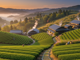 Lush terraced tea fields stretching across gentle hills with small processing houses among the rows of green