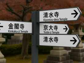 Directional sign with temple names written in both Japanese characters and English letters