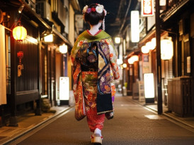 Maiko walking in Pontocho in Gion