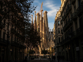 Dimly lit street showing Sagrada Família 