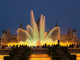 Night fountain show with colored lights