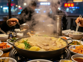 Steaming pot of dakhanmari at a crowded restaurant table