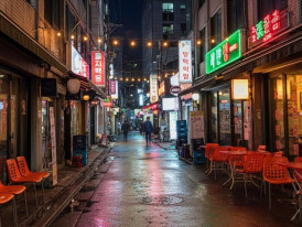 Plastic chairs and tables in Euljiro alley with string lights overhead (P)