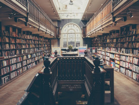 Bookshelves and reading room inside the Museum of Literature Ireland, Dublin
