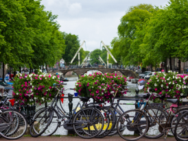 Traditional Amsterdam bikes parked along canal