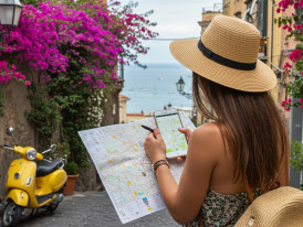 Traveler marking a paper map using offline maps on her phone