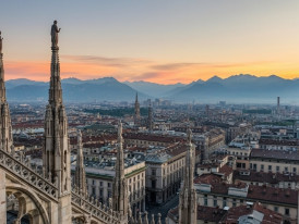 View from Milan Cathedral rooftop with Alps in the distance