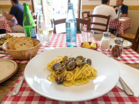 Simple plate of spaghetti alle vongole