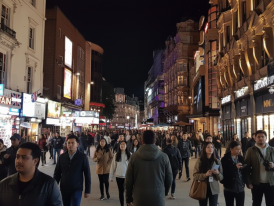 Busy Leicester Square at night packed with tourist traps