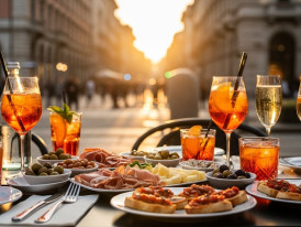 Milan aperitivo table with drinks and small plates at sunset