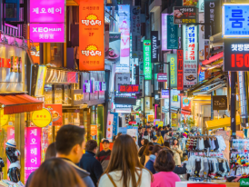 A busy neon-lit shopping street in Myeongdong City