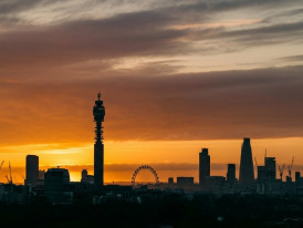 Panoramic shot of London at sunset.