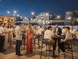 Rooftop terrace bar at sunset with cocktails