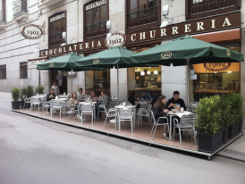 Terrace dining at night with churros and hot chocolate