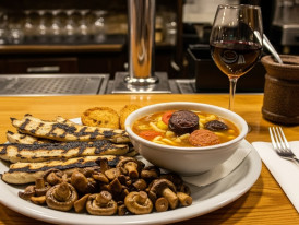 Seasonal collage: calçots, mushrooms, escudella