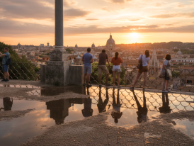 Sunset view from Pincio terrace over Rome’s domes and the Tiber River