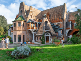Casina delle Civette exterior, stained glass windows in afternoon light