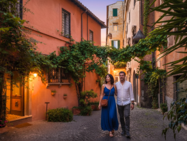 Trastevere at dusk, cobbled lanes near Santa Maria