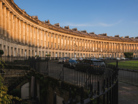Royal Crescent and green lawns in soft late afternoon light