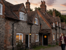 Hambleden village green with red brick cottages at dusk