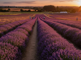 Purple rows at Hitchin Lavender under a soft sunset sky
