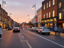 Stoneybatter street at dusk, cozy pub light spilling onto pavement