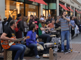 Grafton street performer with evening crowd gathered