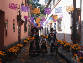 Marigold petals scattered on Coyoacán cobblestones at dusk