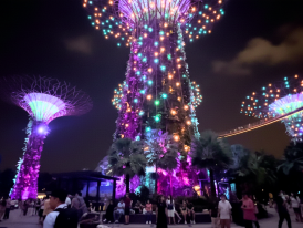 Supertree Grove glowing above the crowd at night