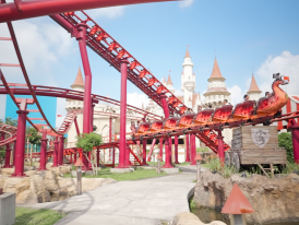 Red roller coaster cars at Universal Studios Singapore