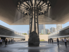 El Paraguas fountain misting in museum courtyard