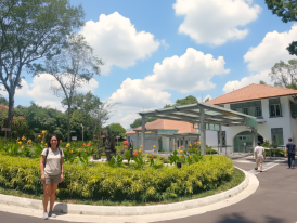 Quiet exterior of Reflections at Bukit Chandu, black-and-white bungalow