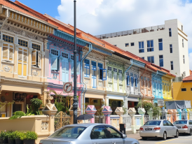 Traditional Peranakan house with colorful doors and decor
