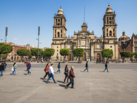 Cathedral facade glowing at dawn from the Zócalo