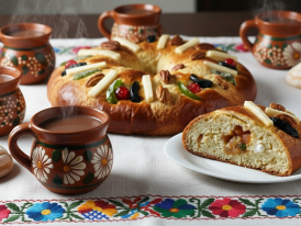 Rosca with hidden baby Jesus figurine and atole cup