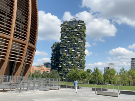 Bosco Verticale towers with pedestrian plaza and greenery