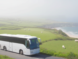 Bus tour passing scenic Irish countryside