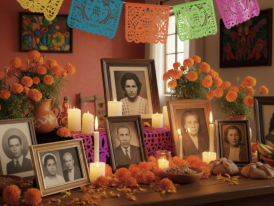 Family altar with photos, candles, and marigolds in the Coyoacán home