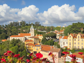 Scenic view of one of the Sintra palaces and lush gardens