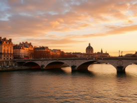 Seine River view with Parisian bridges at golden hour from riverside path