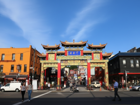 Incheon harbor promenade and Chinatown gate at dusk