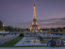 Eiffel Tower sparkling with golden lights against the dark sky