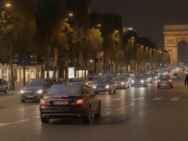 Champs-Élysées Avenue stretches toward the Arc de Triomphe with lights glowing