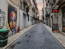 Empty Bairro Alto street at dawn with bottles scattered on cobblestones