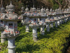 Weathered daruma dolls scattered across temple grounds