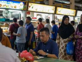 Small late-night food stall with a few customers at simple tables