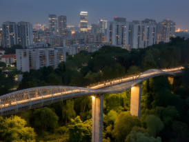 Henderson Waves bridge illuminated at night with curved wooden architecture
